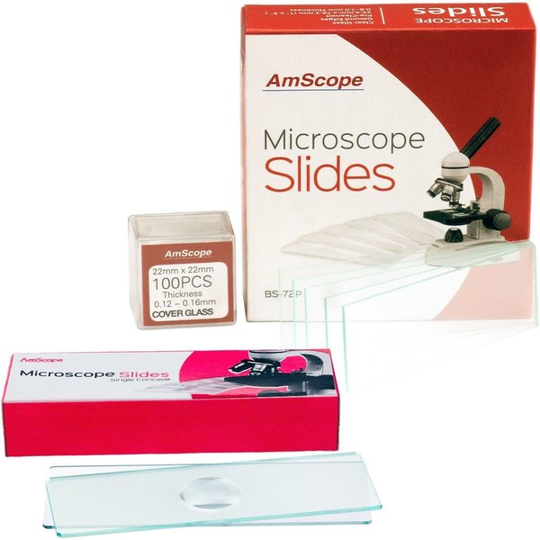 Amscope 72 Pre-Cleaned Blank Plate Microscope Slides and 12 Single Depression Concave Slides +100 Coverslips BSC12-72P100S22